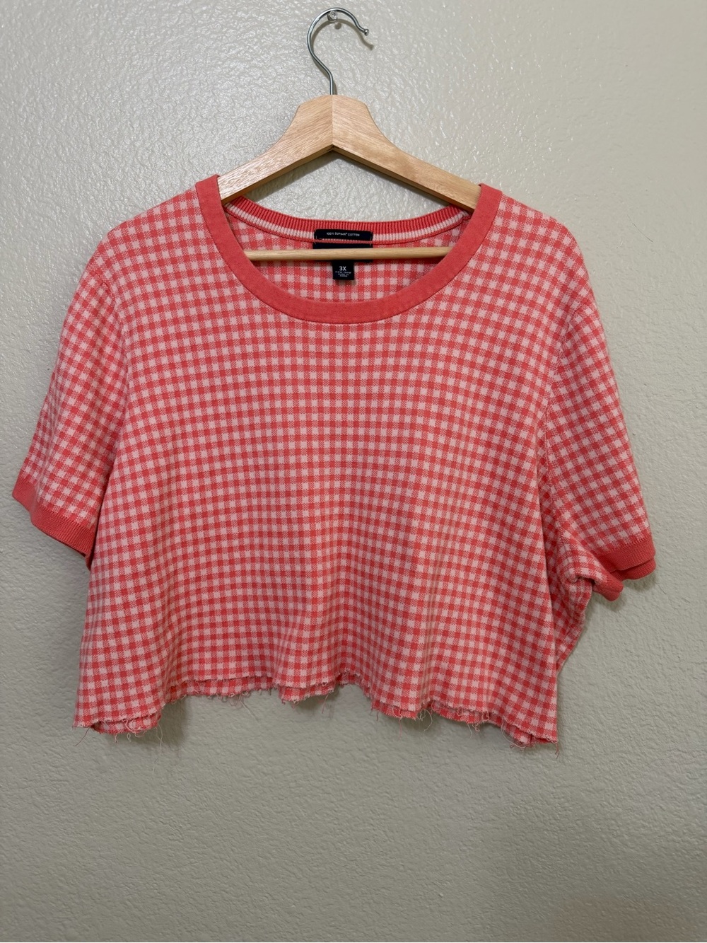 Lands' End Coral Gingham Cropped Knit Top